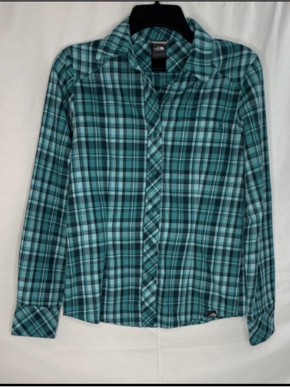 The North Face Teal and Black Plaid Button-Down Shirt